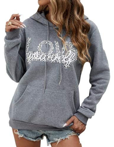 UUAISSO Damen Casual Hoodies Herzdruck Leopard Kordelzug Langarm Sweatshirt Pullover Outfits mit Taschen Leopard grau XXL von UUAISSO