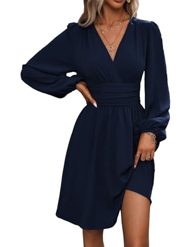 UUAISSO Damen Freizeitkleid langärmelig hohe Taille A-Linien-Kleid Wickelkleid mit V-Ausschnitt Midikleid Marineblau S von UUAISSO