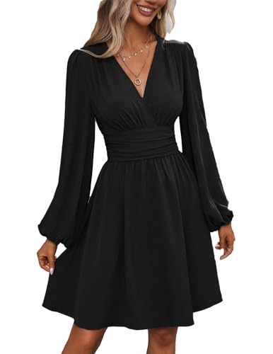 UUAISSO Damen Freizeitkleid langärmelig hohe Taille A-Linien-Kleid Wickelkleid mit V-Ausschnitt Midikleid Schwarz XL von UUAISSO