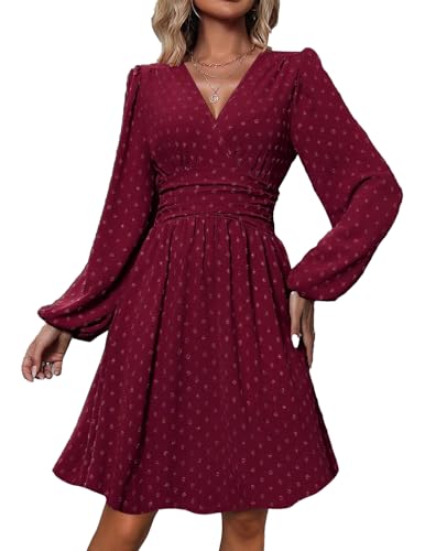UUAISSO Damen Freizeitkleid langärmelig hohe Taille A-Linien-Kleid Wickelkleid mit V-Ausschnitt Midikleid Schweizer Punkte weinrot XXL von UUAISSO