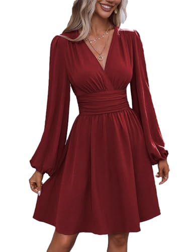 UUAISSO Damen Freizeitkleid langärmelig hohe Taille A-Linien-Kleid Wickelkleid mit V-Ausschnitt Midikleid Weinrot XXL von UUAISSO