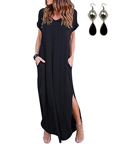 UUAISSO Damen Kleider Maxi Sommerkleid Casual V-Ausschnitt Kurzarm Split Lange Strandkleid Swing Boho Blumenmuster Kleid, Schwarz, M von UUAISSO