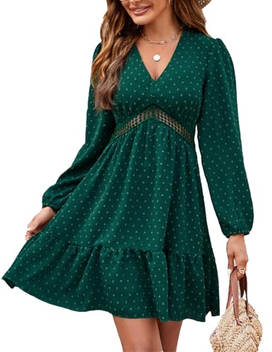 UUAISSO Damen Lässig Kleid Langarm Schweizer Tupfen Kleid V-Ausschnitt Hohe Taille Minikleid Chic Elegante Kleider Grün XL von UUAISSO