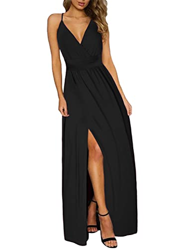 UUAISSO Damen Sommer Boho Kleider Spaghettiträger V-Ausschnitt Einfarbig Blumen Strand Langes Maxikleid Schwarz L von UUAISSO