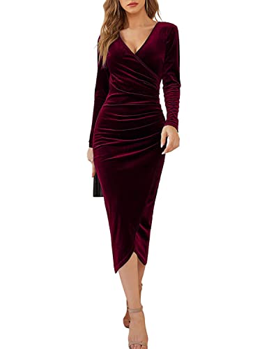 UUAISSO Damen V-Ausschnitt Langarm Kleid Samt Bodycon Geraffte Seite Asymmetrische Cocktailparty Kleider Maxikleider Weinrot L von UUAISSO