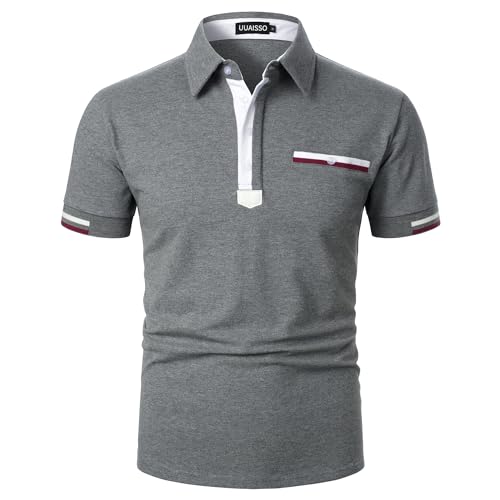 UUAISSO Herren Casual Polo Kurzarm Shirt Slim Fit Polo Gestreifter Kragen Polo Basic Golf Shirts Grau XL von UUAISSO