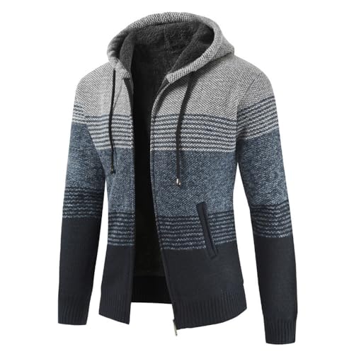UUAISSO Herren Hoodies Strickpullover Full Zip Fleece Gefüttert Cardigan Lässige Regular Fit Strickjacke Mit Kapuze Hellgrau + Marineblau L von UUAISSO
