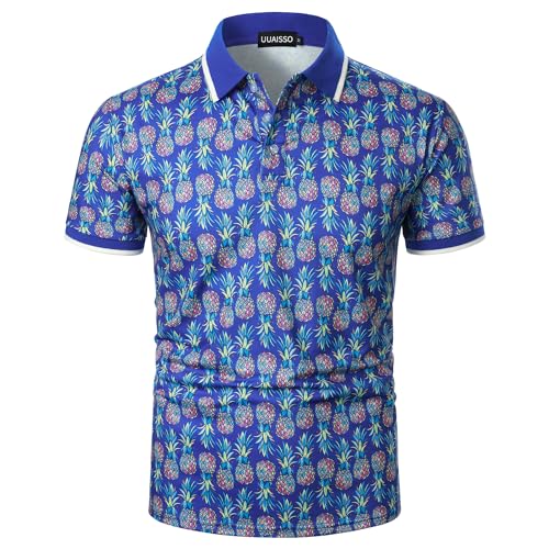 UUAISSO Herren Kurzarm Poloshirt Lässiges Blumen Golfhemd Tropische Oberteile Sommerhemd für Herren Blaue Ananas XXL von UUAISSO