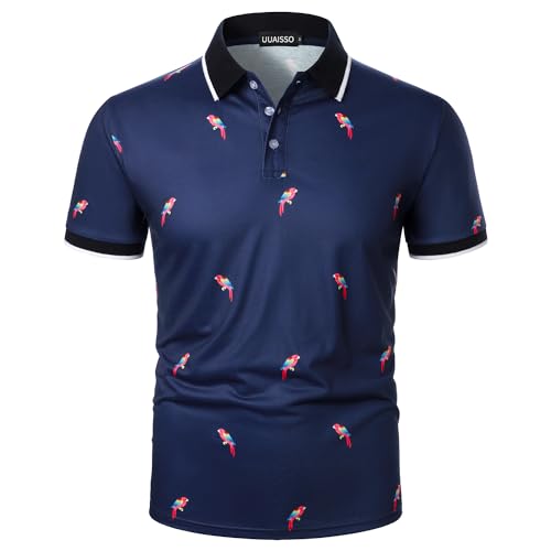 UUAISSO Herren Kurzarm Poloshirt Lässiges Blumen Golfhemd Tropische Oberteile Sommerhemd für Herren Blauer Papagei L von UUAISSO