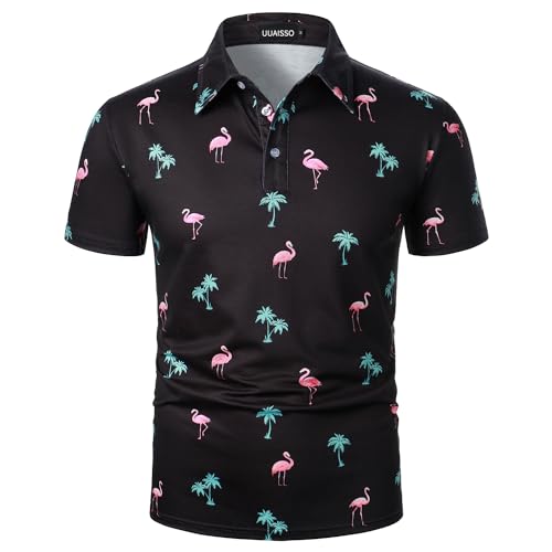 UUAISSO Herren Kurzarm Poloshirt Lässiges Blumen Golfhemd Tropische Oberteile Sommerhemd für Herren Schwarzer Flamingo XXL von UUAISSO