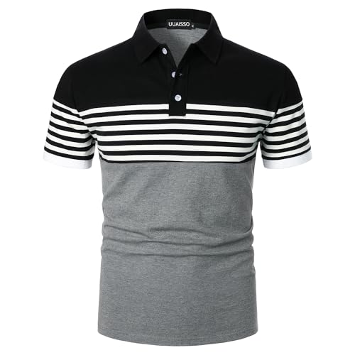 UUAISSO Herren Polo Langarm Streifen Poloshirts Kontrastfarbenes Hemd Slim Fit Baumwolle Golf Polos Kurzarm schwarz + grau M von UUAISSO