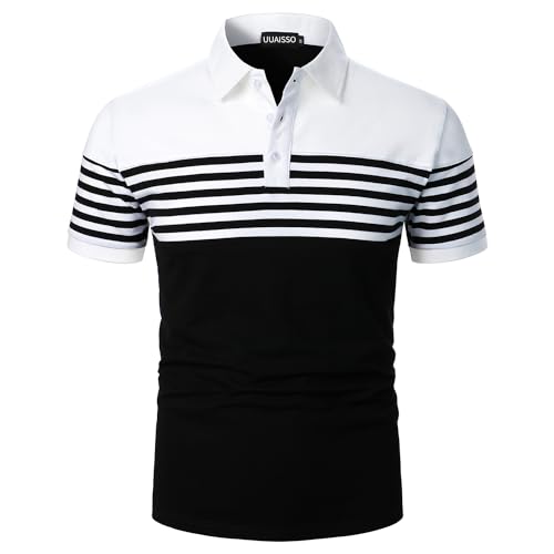 UUAISSO Herren Polo Langarm Streifen Poloshirts Kontrastfarbenes Hemd Slim Fit Baumwolle Golf Polos Kurzarm weiß + schwarz M von UUAISSO