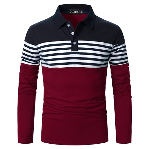 UUAISSO Herren Polo Langarm Streifen Poloshirts Kontrastfarbenes Hemd Slim Fit Baumwolle Golf Polos Marineblau+Rot L von UUAISSO