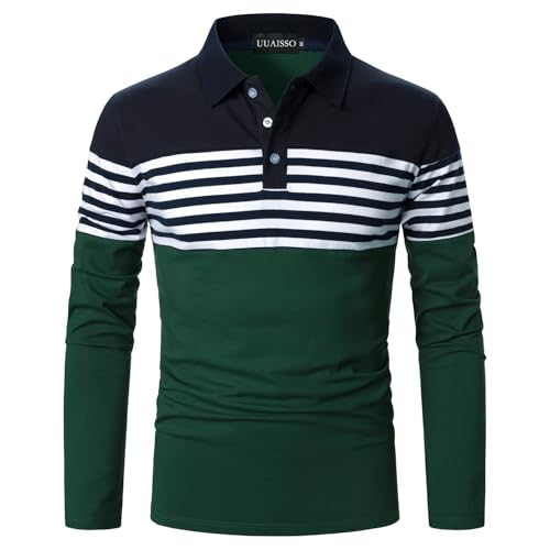 UUAISSO Herren Polo Langarm Streifen Poloshirts Kontrastfarbenes Hemd Slim Fit Baumwolle Golf Polos Marineblau + Dunkelgrün S von UUAISSO