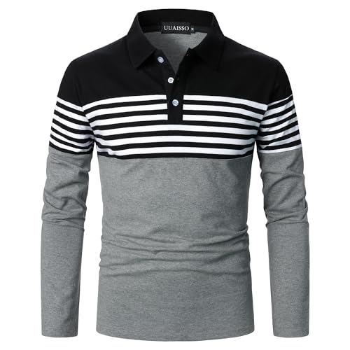 UUAISSO Herren Polo Langarm Streifen Poloshirts Kontrastfarbenes Hemd Slim Fit Baumwolle Golf Polos Schwarz+Grau XL von UUAISSO