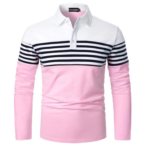UUAISSO Herren Polo Langarm Streifen Poloshirts Kontrastfarbenes Hemd Slim Fit Baumwolle Golf Polos Weiß+Rosa XXL von UUAISSO