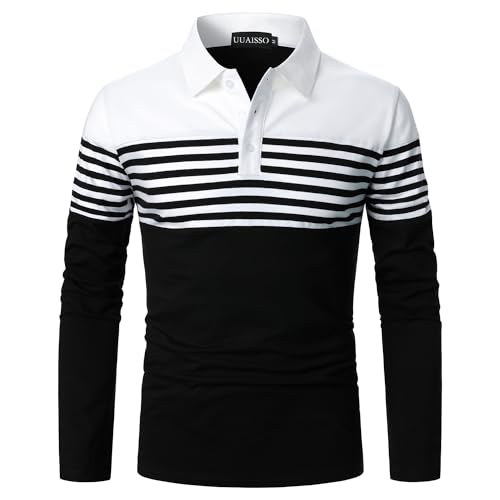 UUAISSO Herren Polo Langarm Streifen Poloshirts Kontrastfarbenes Hemd Slim Fit Baumwolle Golf Polos Weiß+Schwarz S von UUAISSO
