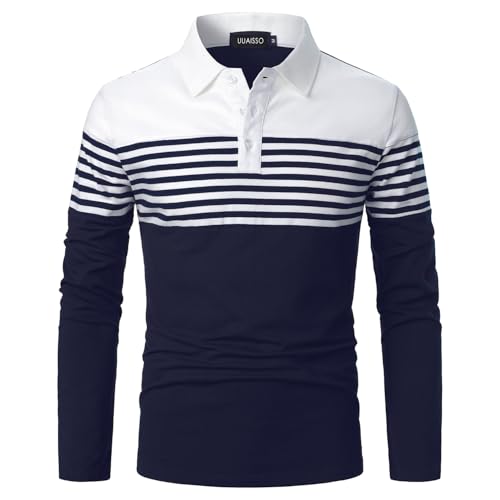 UUAISSO Herren Polo Langarm Streifen Poloshirts Kontrastfarbenes Hemd Slim Fit Baumwolle Golf Polos weiß+Marineblau S von UUAISSO