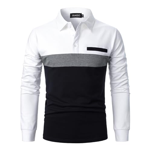 UUAISSO Herren Poloshirts mit Langen Ärmeln Streifen Kontrastfarbe Oberteile modisch lässig Golfshirts Z-Weiß+Grau+Marine M von UUAISSO