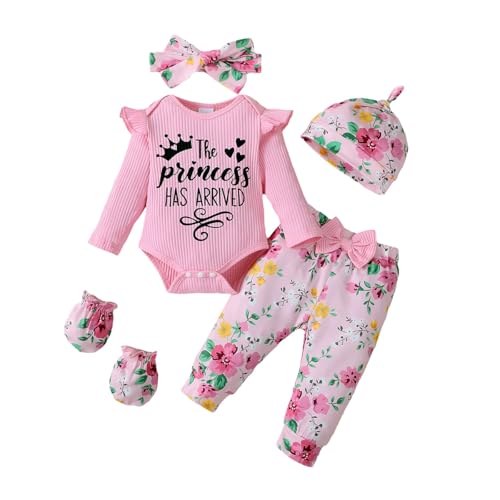 UUAISSO Kleidungssets für Babys und Mädchen mit Prinzessinnen Briefdruck Rüschen langärmeliges Oberteil Blumenhose und Mütze Baby Outfits Leuchtendes Rosa 3-6 Monate von UUAISSO