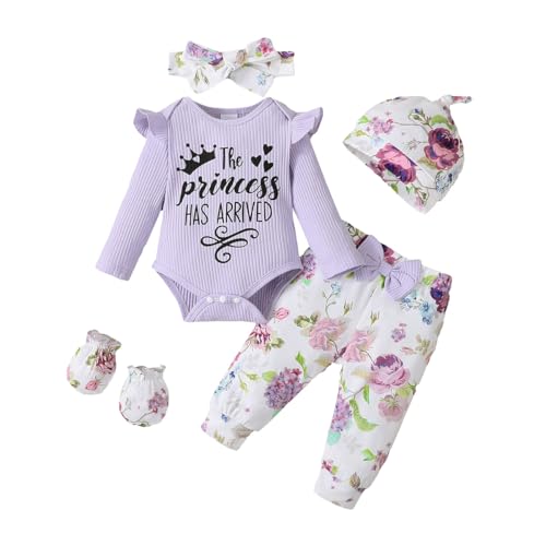UUAISSO Kleidungssets für Babys und Mädchen mit Prinzessinnen Briefdruck Rüschen langärmeliges Oberteil Blumenhose und Mütze Baby Outfits Lila 3-6 Monate von UUAISSO