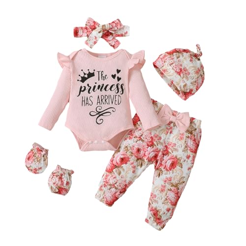 UUAISSO Kleidungssets für Babys und Mädchen mit Prinzessinnen Briefdruck Rüschen langärmeliges Oberteil Blumenhose und Mütze Baby Outfits Rosa 0-3 Monate von UUAISSO