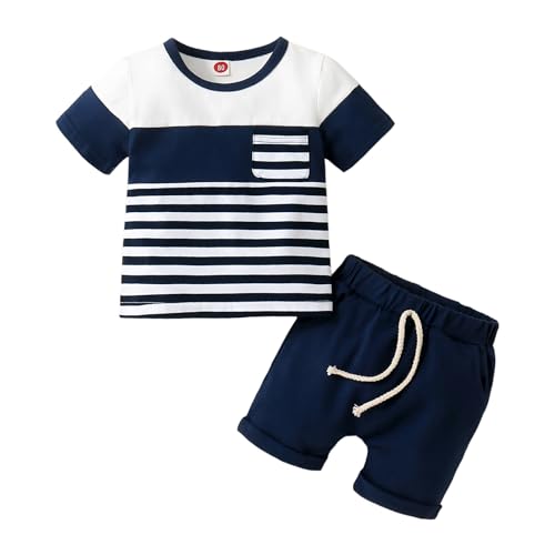 UUAISSO Kleinkind Baby Jungen Kleidung Kurzarm Dinosaurier Streifen Tops Bär Print Shorts Set Baby Jungen Sommer Outfits Marineblau 2–3 Jahre von UUAISSO