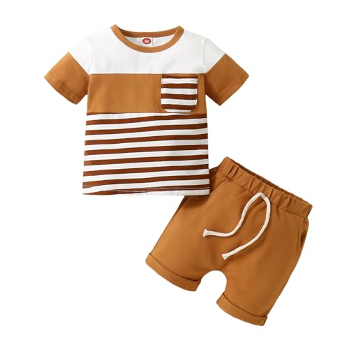 UUAISSO Kleinkind Baby Jungen Kleidung Kurzarm Dinosaurier Streifen Tops Bär Print Shorts Set Baby Jungen Sommer Outfits Schokoladenfarbe 6–12 Monate von UUAISSO