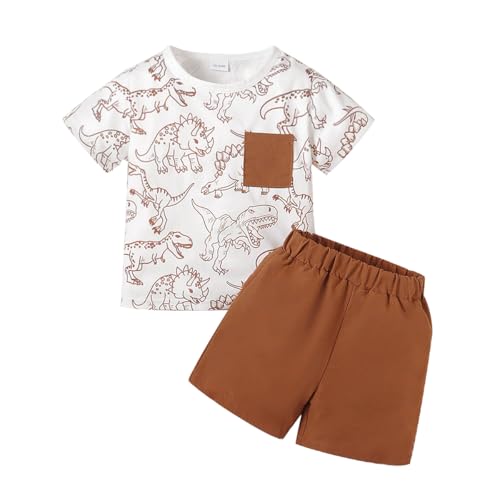 UUAISSO Kleinkind Baby Jungen Sommerkleidung Kurzarm Dinosaurier Taschen Top und Einfarbige Shorts Baby Jungen Outfits Set Braun Dinosaurier 18–24 Monate von UUAISSO