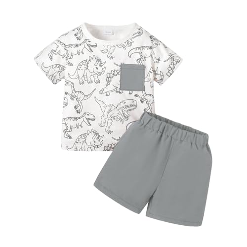 UUAISSO Kleinkind Baby Jungen Sommerkleidung Kurzarm Dinosaurier Taschen Top und Einfarbige Shorts Baby Jungen Outfits Set Grau 18–24 Monate von UUAISSO