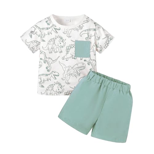 UUAISSO Kleinkind Baby Jungen Sommerkleidung Kurzarm Dinosaurier Taschen Top und Einfarbige Shorts Baby Jungen Outfits Set Grün 3–4 Jahre von UUAISSO