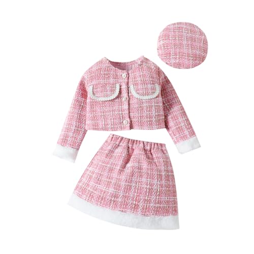 UUAISSO Kleinkind Baby Mädchen Herbstkleidung Plaid Tweed Muster Tops Plaid Rock Baskenmütze Baby Outfits Sets Rosa 18–24 Monate von UUAISSO