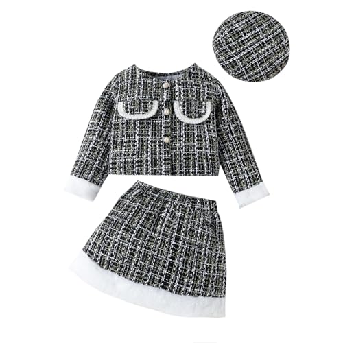UUAISSO Kleinkind Baby Mädchen Herbstkleidung Plaid Tweed Muster Tops Plaid Rock Baskenmütze Baby Outfits Sets Schwarz 4–5 Jahre von UUAISSO