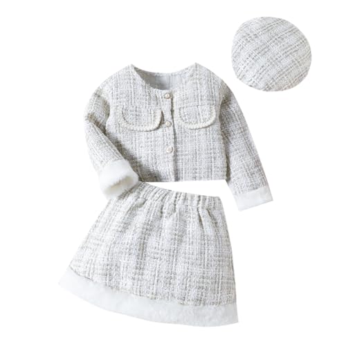 UUAISSO Kleinkind Baby Mädchen Herbstkleidung Plaid Tweed Muster Tops Plaid Rock Baskenmütze Baby Outfits Sets Weiß 2–3 Jahre von UUAISSO