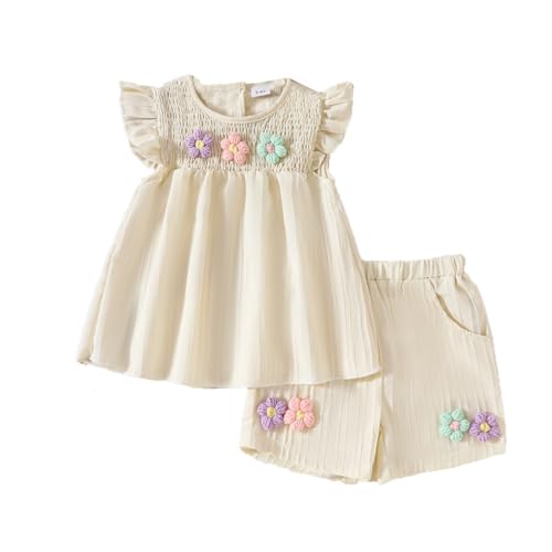 UUAISSO Kleinkind Baby Mädchen Kleidung Blumen Rüschen T-Shirts Tops Shorts Süße Sommer Kleidung Sets 9M-4 Jahre Aprikose 3-4 Jahre von UUAISSO