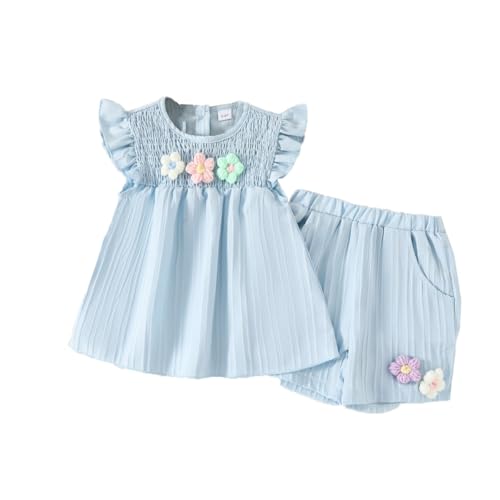 UUAISSO Kleinkind Baby Mädchen Kleidung Blumen Rüschen T-Shirts Tops Shorts Süße Sommer Kleidung Sets 9M-4 Jahre Hellblau 9-12 Monate von UUAISSO
