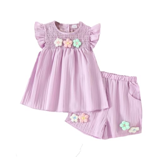UUAISSO Kleinkind Baby Mädchen Kleidung Blumen Rüschen T-Shirts Tops Shorts Süße Sommer Kleidung Sets 9M-4 Jahre Lila 3-4 Jahre von UUAISSO