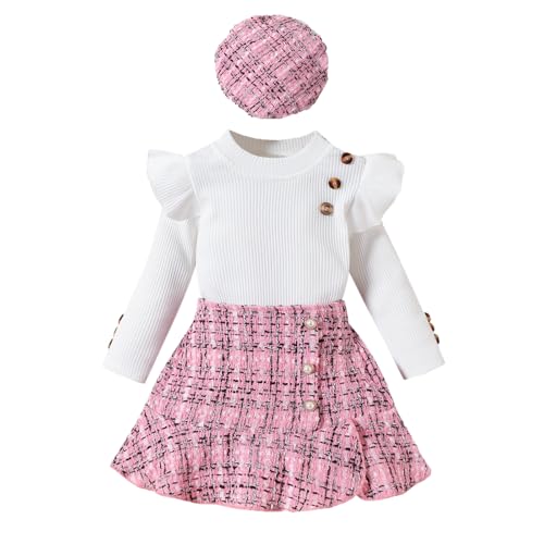 UUAISSO Kleinkind Baby Mädchen Kleidung Langarm Gerippte Oberteile Plaid Tweed Muster Rock Baskenmütze Herbst Knopf Outfits Sets Rosa 3-4 Jahre von UUAISSO