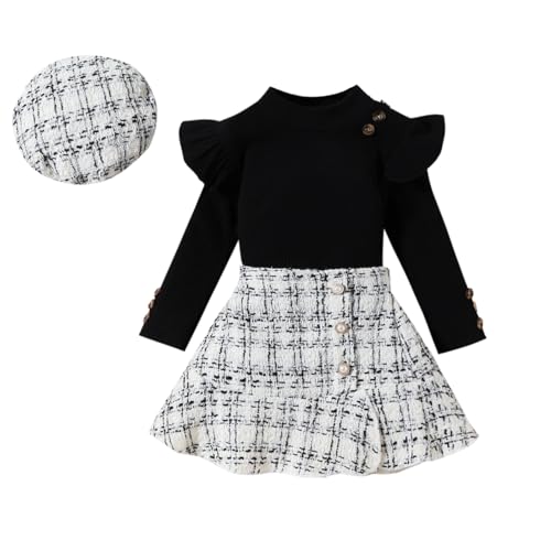 UUAISSO Kleinkind Baby Mädchen Kleidung Langarm Gerippte Oberteile Plaid Tweed Muster Rock Baskenmütze Herbst Knopf Outfits Sets Schwarz 3-4 Jahre von UUAISSO