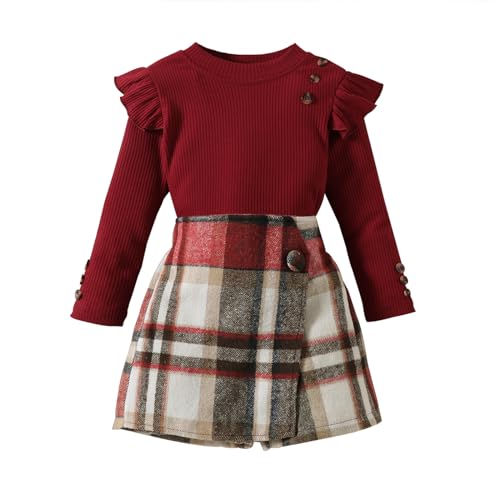 UUAISSO Kleinkind Baby Mädchen Kleidung Langarm Gerippte Oberteile Plaid Tweed Muster Rock Herbst Knopf Outfits Sets Burgunderrot Hosenrock 5-6 Jahre von UUAISSO