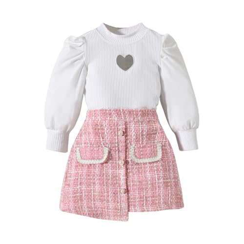 UUAISSO Kleinkind Baby Mädchen Kleidung Langarm Gerippte Oberteile Plaid Tweed Muster Rock Herbst Knopf Outfits Sets Herz rosa 5-6 Jahre von UUAISSO
