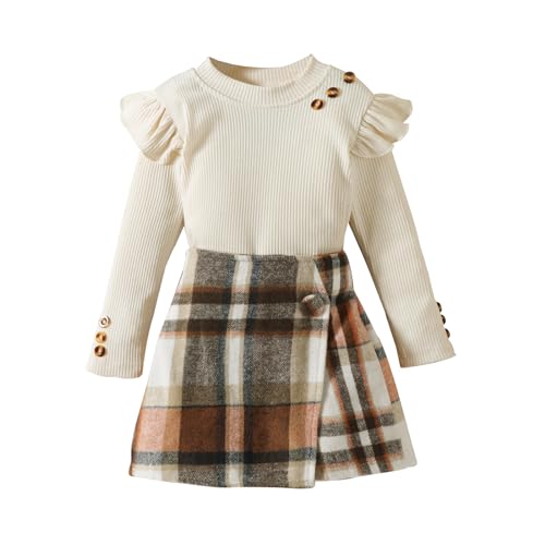 UUAISSO Kleinkind Baby Mädchen Kleidung Langarm Gerippte Oberteile Plaid Tweed Muster Rock Herbst Knopf Outfits Sets Khaki Hosenrock 5-6 Jahre von UUAISSO