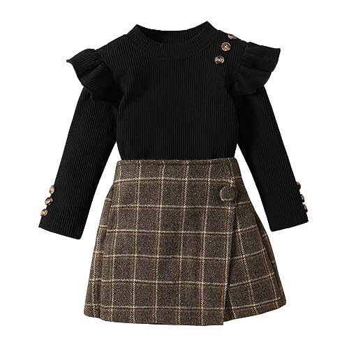 UUAISSO Kleinkind Baby Mädchen Kleidung Langarm Gerippte Oberteile Plaid Tweed Muster Rock Herbst Knopf Outfits Sets schwarz Hosenrock 3-4 Jahre von UUAISSO