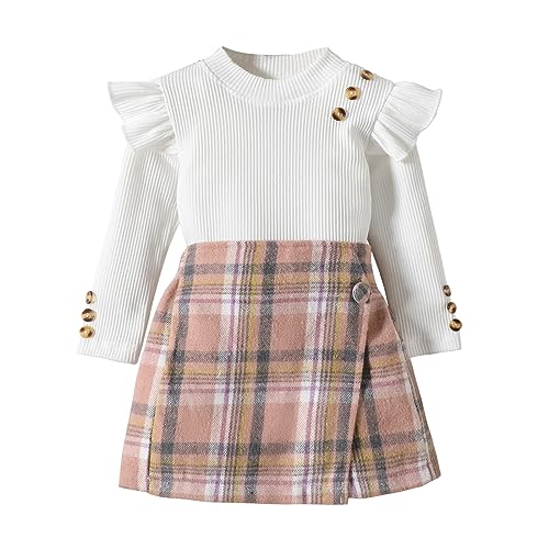 UUAISSO Kleinkind Baby Mädchen Kleidung Langarm Gerippte Oberteile Plaid Tweed Muster Rock Herbst Knopf Outfits Sets weiß Hosenrock 18-24 Monate von UUAISSO