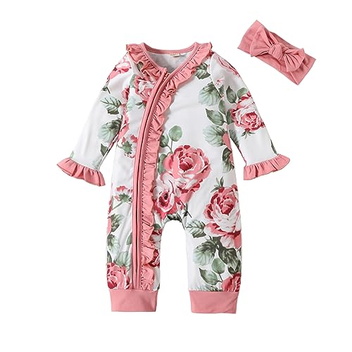 UUAISSO Kleinkind Baby Mädchen Kleidung Onesies Langarm Rüschen Floral Baby Kleidung mit Stirnband Baby Kleidung für Mädchen Rosa 12-18 Monate von UUAISSO