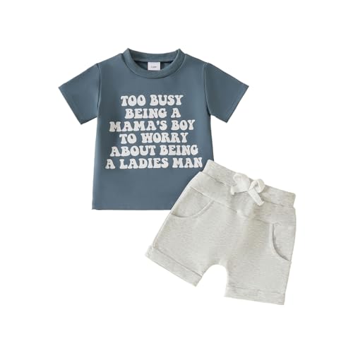 UUAISSO Kleinkind Jungen Kleidungssets Rundhalsausschnitt Buchstabendruck T-Shirt Tops und Shorts Baby Jungen Sommer Outfits blaugrau 12-18 Monate von UUAISSO