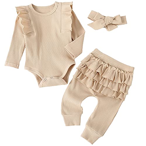 UUAISSO Neugeborenen Baby Mädchen Kleidung Rippe Rüschen Langarm Tops Herz Druck Lange Hosen Einfarbig Infant Herbst Outfits Aprikose 0-3 Monate von UUAISSO