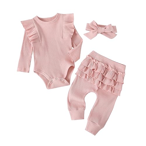 UUAISSO Neugeborenen Baby Mädchen Kleidung Rippe Rüschen Langarm Tops Herz Druck Lange Hosen Einfarbig Infant Herbst Outfits Rosa-S 12-18 Monate von UUAISSO