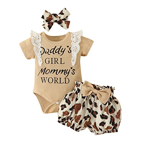 UUAISSO Neugeborenes Baby Mädchen Kleidung Papas Mädchen Kurzarm Strampler Blumen Hosen Sets Stirnband Säuglingsmädchen Sommerkleidung Khaki 3-6 Monate von UUAISSO