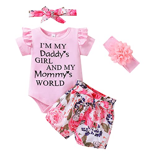 UUAISSO Neugeborenes Baby Mädchen Kleidung Papas Mädchen Kurzarm Strampler Blumen Hosen Sets Stirnband Säuglingsmädchen Sommerkleidung Rosa 0-3 Monate von UUAISSO